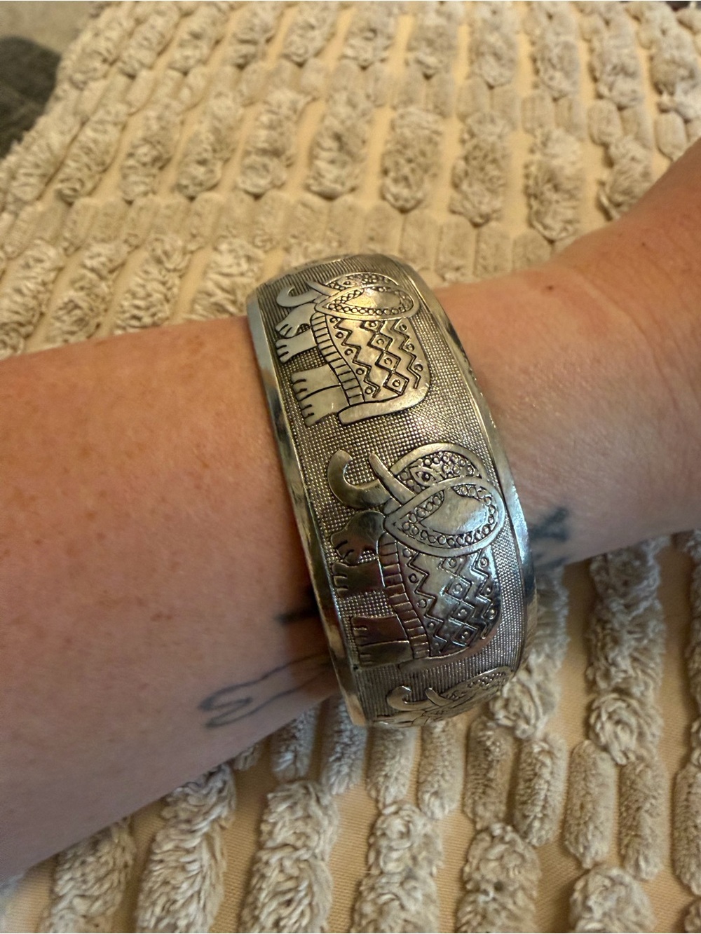 Engraved Elephant Silver-Tone Cuff Bracelet
